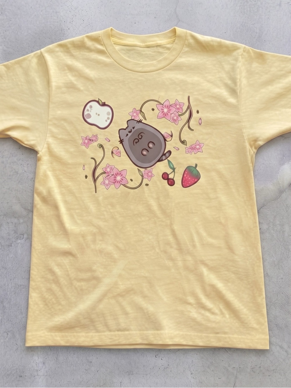 Cute Cherry Blossom Cat Graphic Tee - Gildan Light Yellow T-Shirt